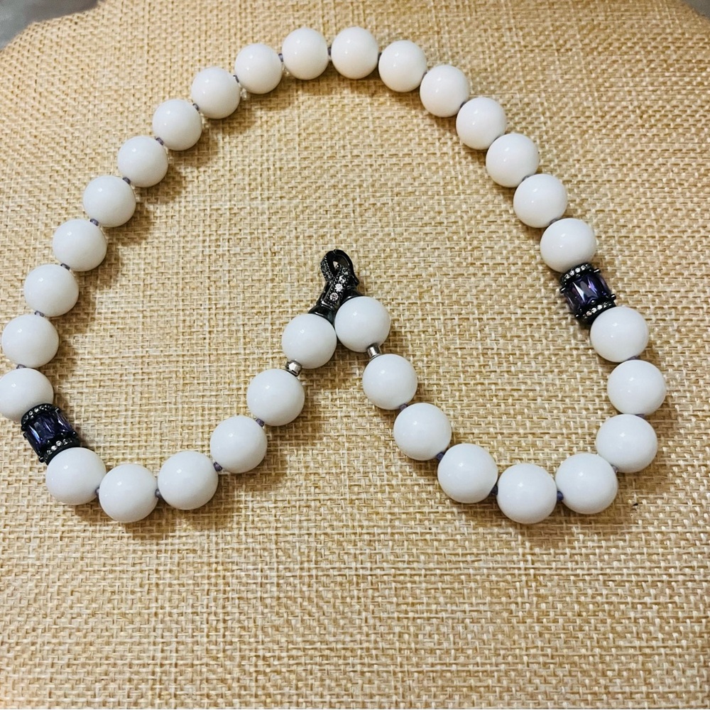 White Agate Round Beads Amethyst Zirconia Stones Necklace